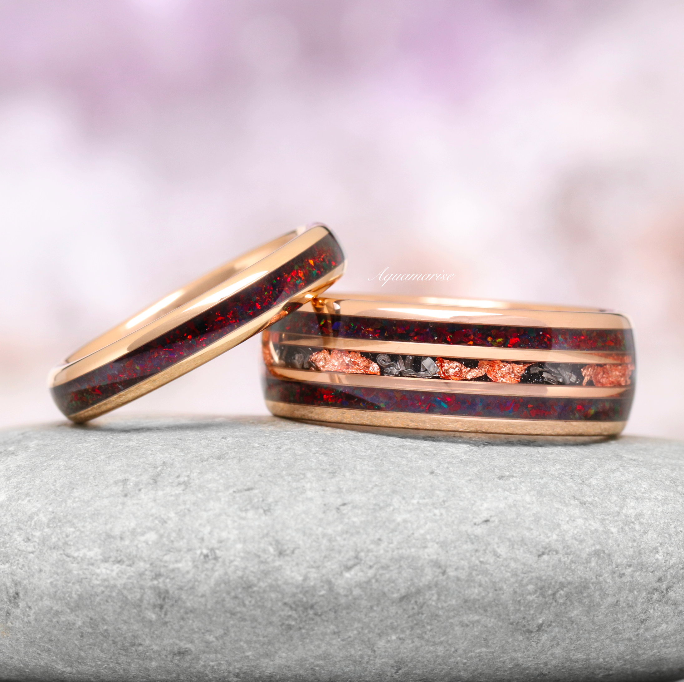 Black Fire Opal Meteorite Wedding Band- 8MM Rose Gold Tungsten