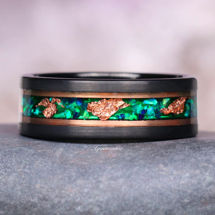 Green Fire Opal & Rose Gold Leaf Wedding Band- 6MM or 8MM Rose Gold Black Tungsten