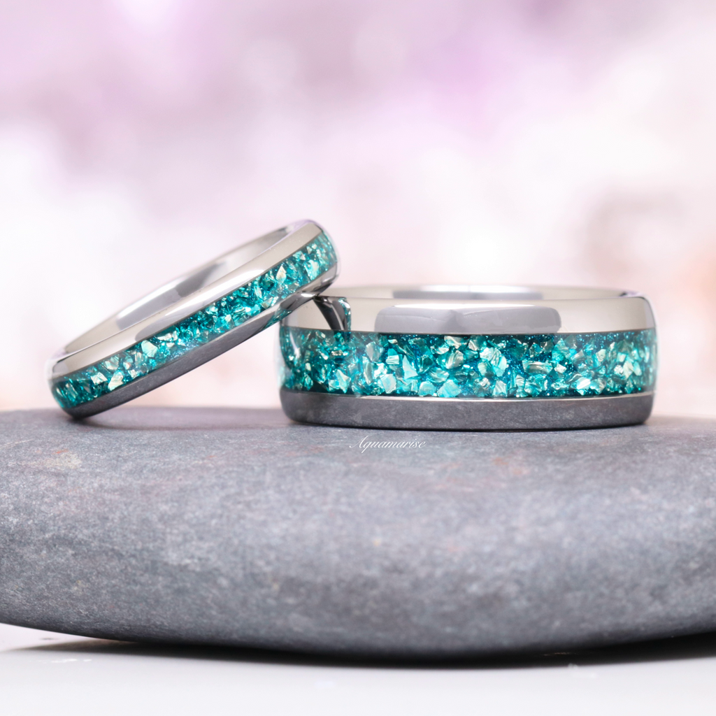 Minimalist Crushed Aquamarine Couples Ring Set | His & Hers