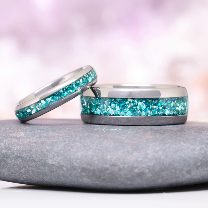 Crushed Aquamarine Wedding Band- 4MM Tungsten