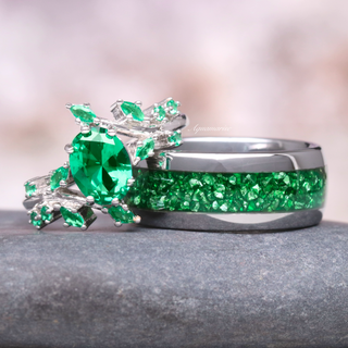 Emerald Leaf Couples Ring Set