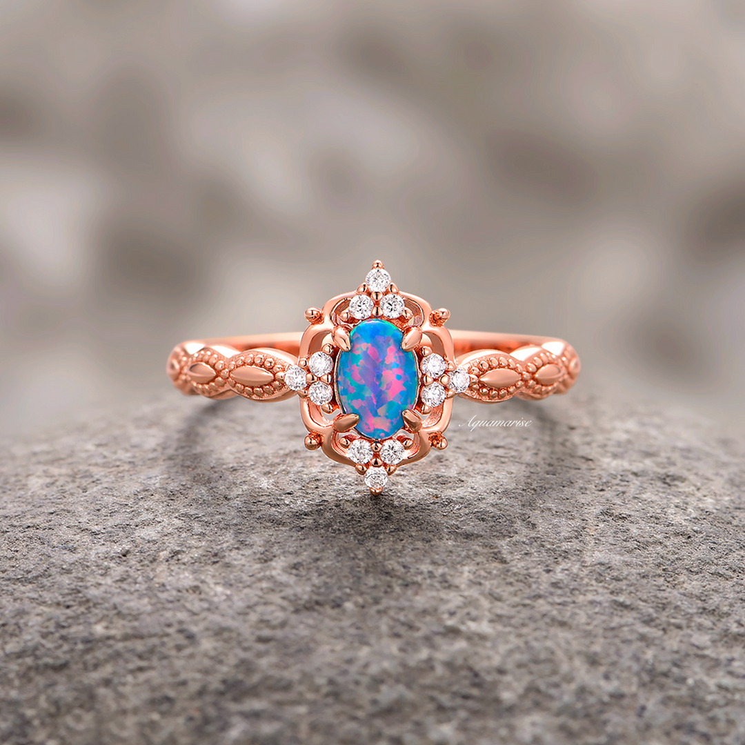 Vintage Blue Fire Opal Ring- 14K Rose Gold Vermeil