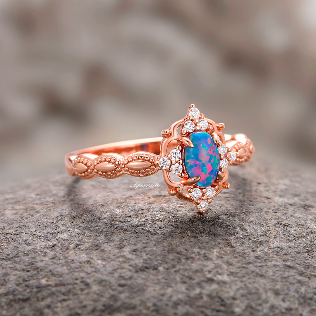 Vintage Blue Fire Opal Ring- 14K Rose Gold Vermeil