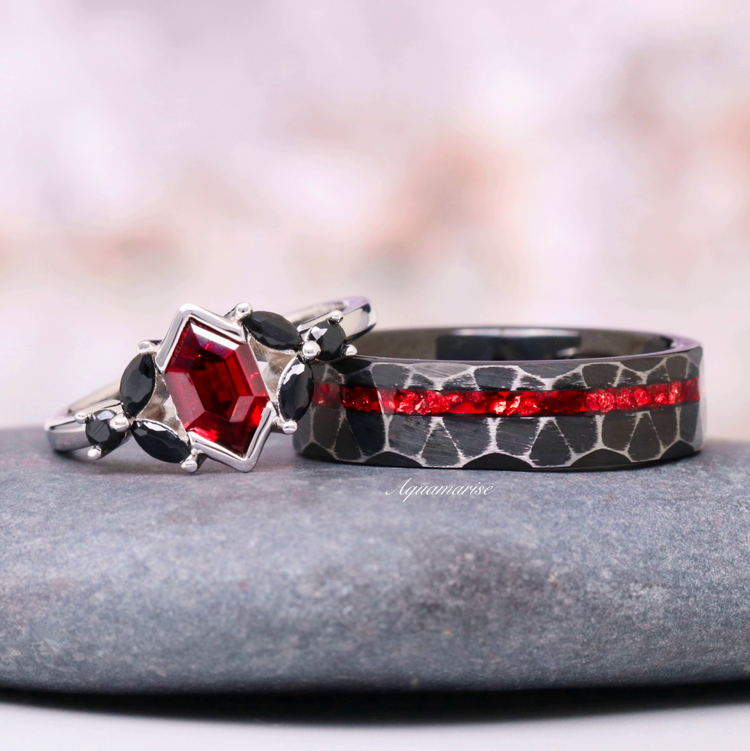 Crushed Red Garnet Dragon Wedding Band- 6mm Black Tungsten