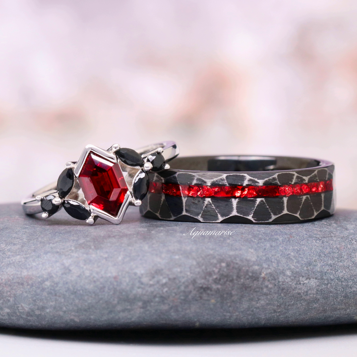 Hexagon Natural Red Garnet & Black Onyx Ring- 14K White Gold