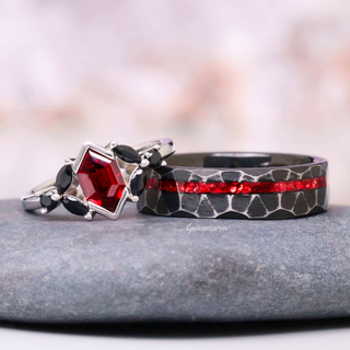 Red Dragon Garnet & Black Onyx Couples Ring Set