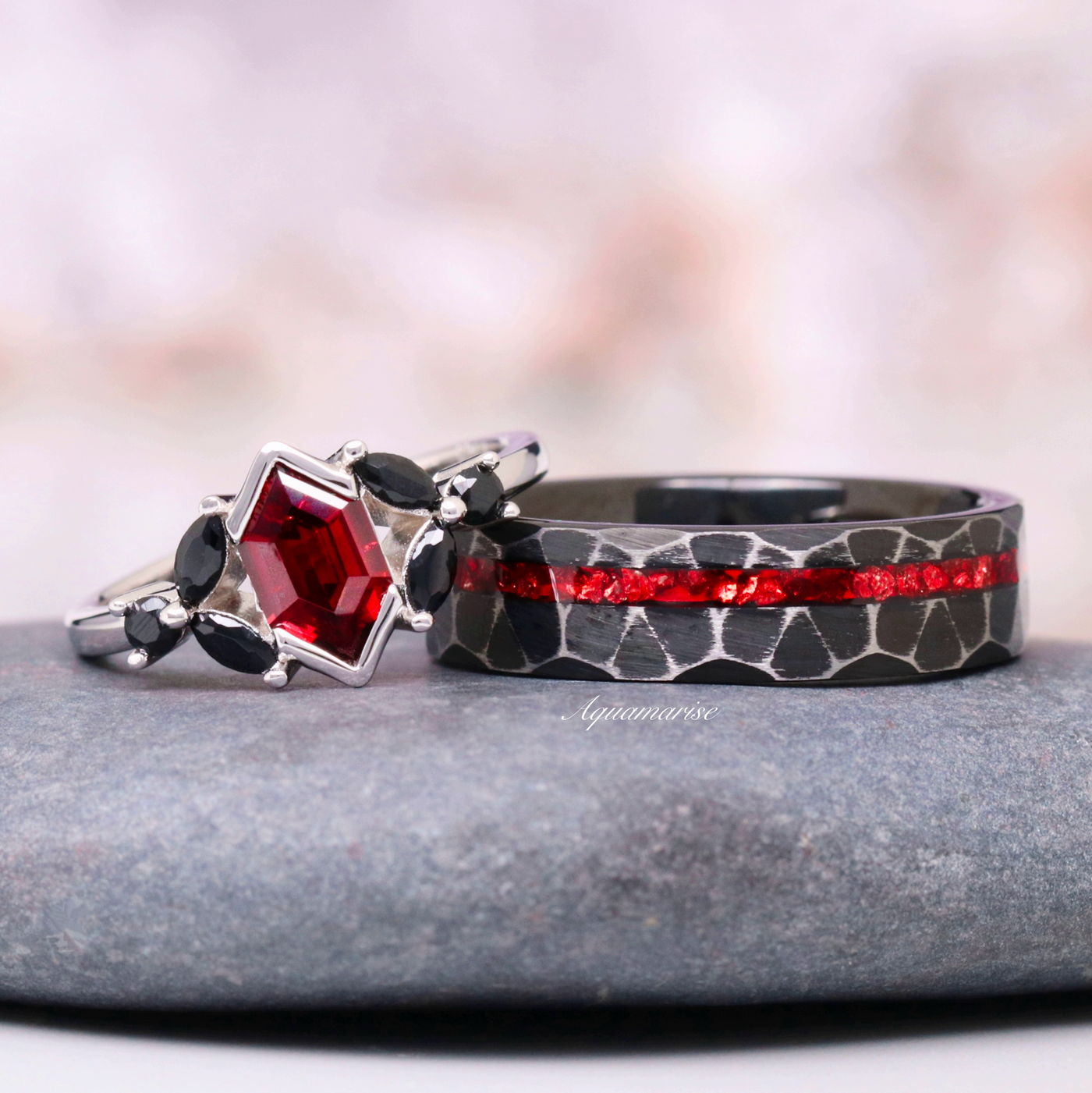 Dragon Red Garnet Couples Ring Set- His and Hers Matching Wedding Bands Rustic Hammered Tungsten & 925 Sterling Silver