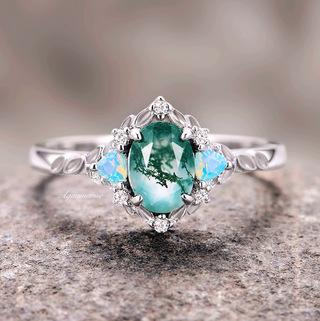 Moss Agate & Opalescent Sapphire Engagement Ring in 14K White Gold