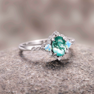Moss Agate & Opalescent Sapphire Engagement Ring in 14K White Gold