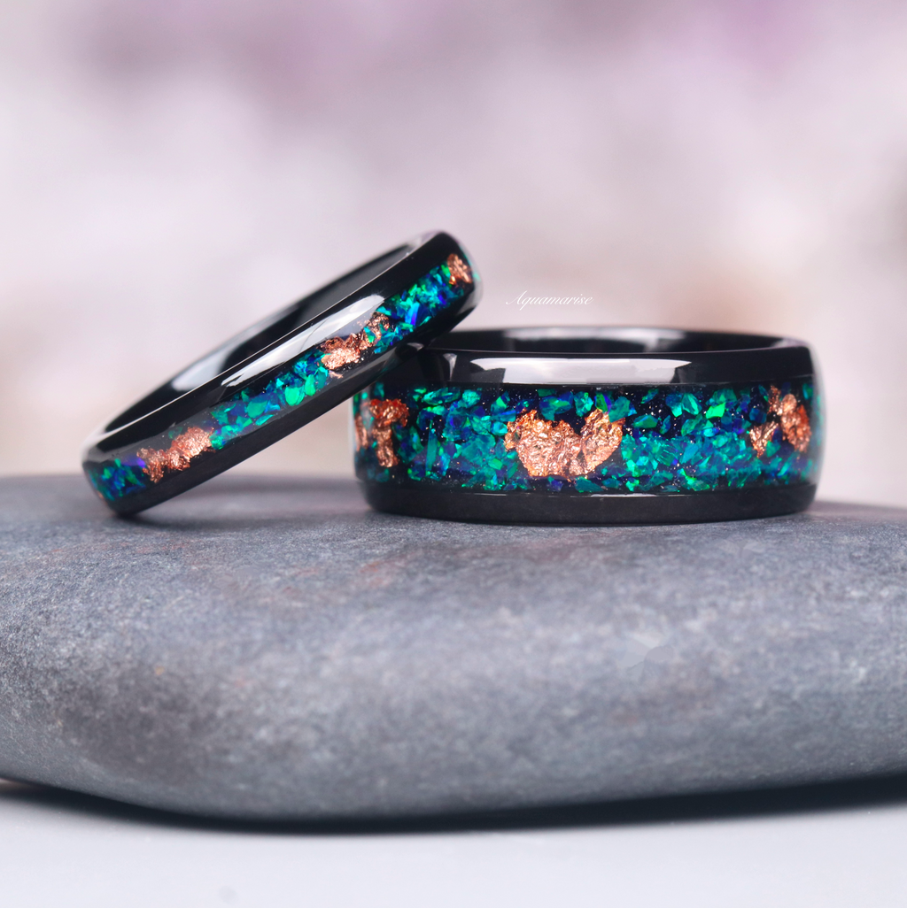 Peacock Fire Opal Couples Ring Set | Rose Gold Leaf – Aquamarise