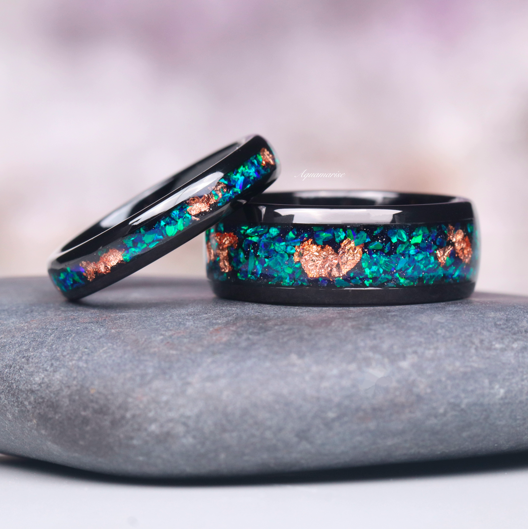 Peacock Fire Opal Wedding Band- 4MM His/ Hers Black Tungsten Wedding Ring