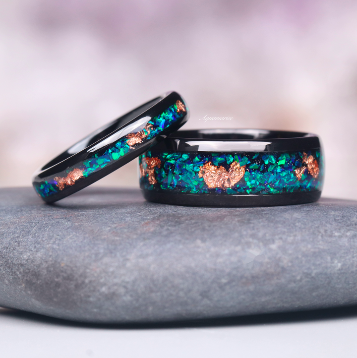 Peacock  Fire Opal & Rose Gold Leaf Couples Ring