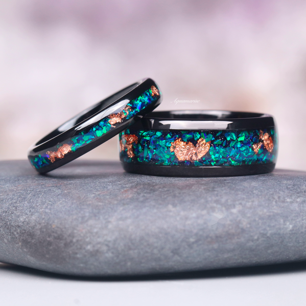 Peacock Fire Opal Couples Ring Set | Rose Gold Leaf – Aquamarise
