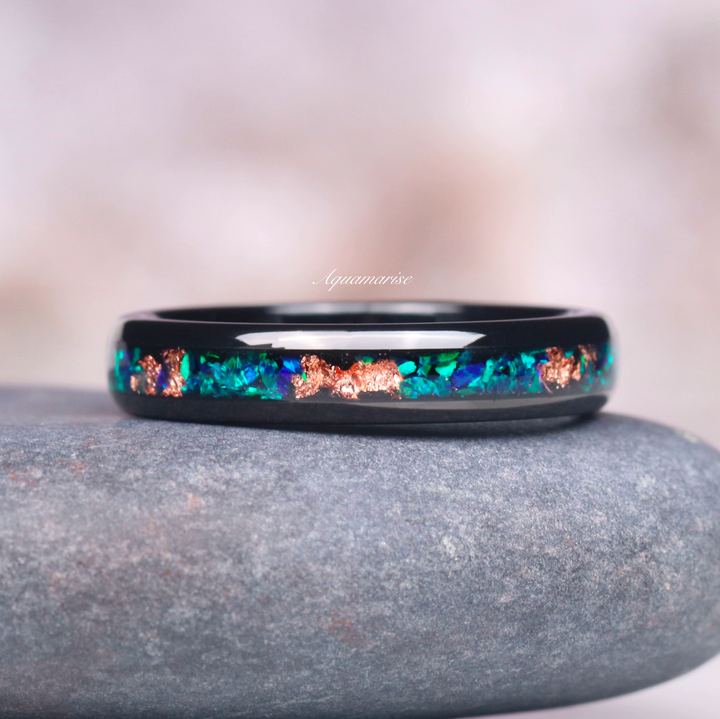 Peacock Fire Opal Wedding Band- 4MM His/ Hers Black Tungsten Wedding Ring