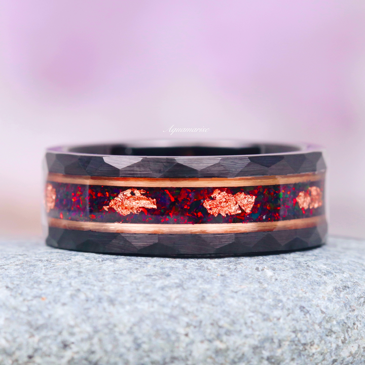 Black Fire Opal & Onyx Leaf Couples Ring- Rose Gold/ Black Tungsten