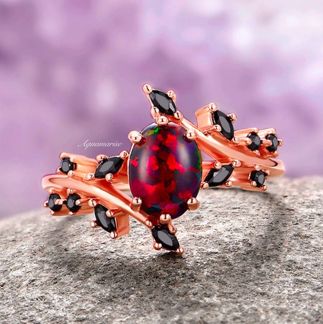 Black Fire Opal & Onyx Leaf Couples Ring- Rose Gold/ Black Tungsten