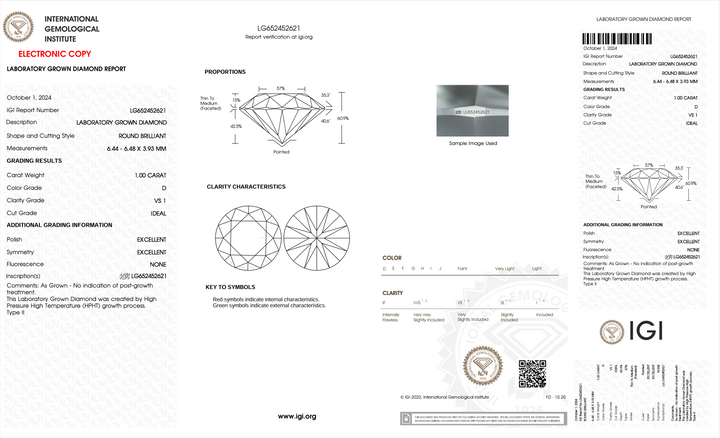 1.0 Carat Round Lab Grown Diamond (IGI)