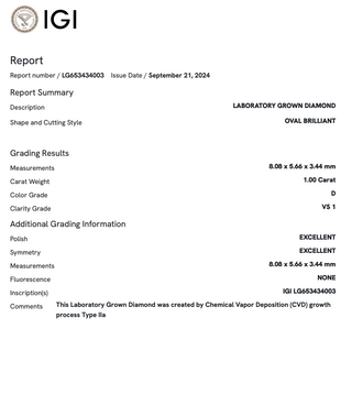 1.0 Carat Oval Lab Grown Diamond (IGI)