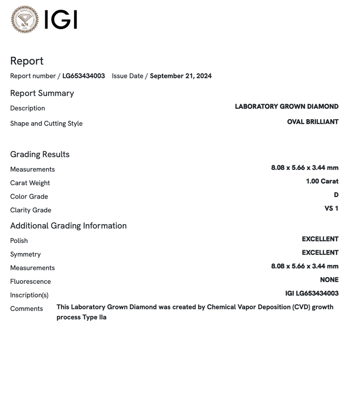 1.0 Carat Oval Lab Grown Diamond (IGI)