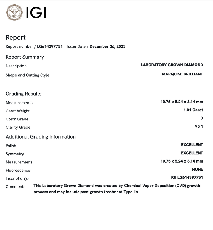 1.01 Carat Marquise Lab Grown Diamond (IGI)