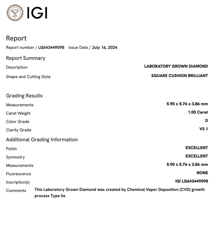 1.0 Carat Square Cushion Lab Grown Diamond (IGI)