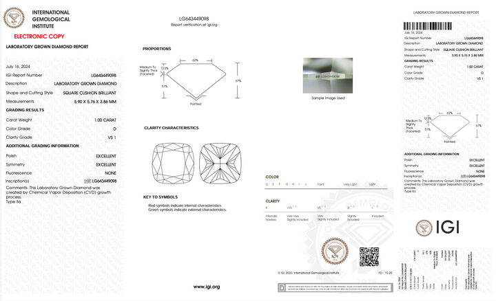 1.0 Carat Square Cushion Lab Grown Diamond (IGI)