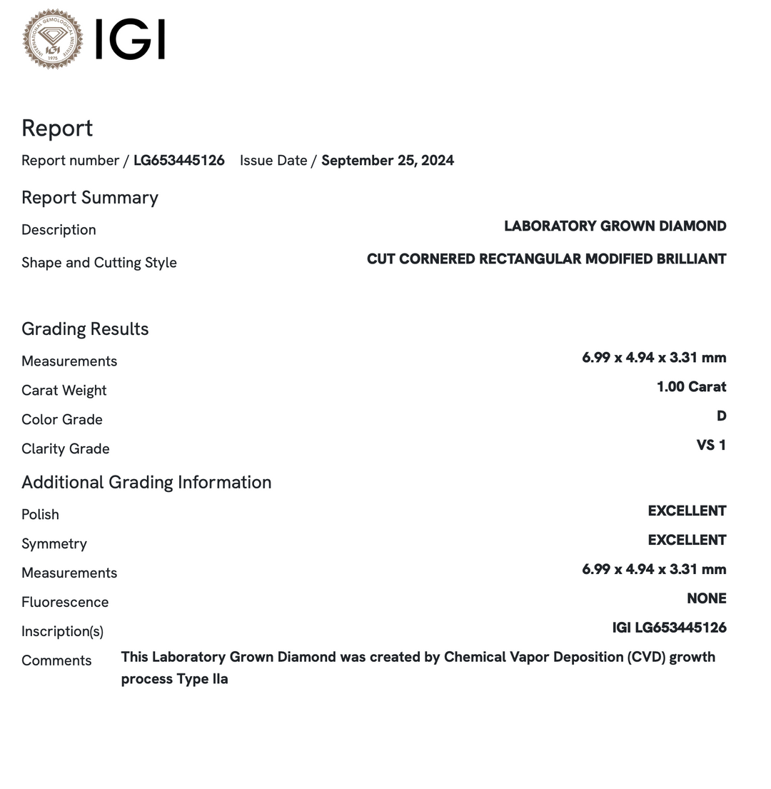 1.0 Carat Radiant Lab Grown Diamond (IGI)