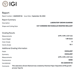 1.0 Carat Radiant Lab Grown Diamond (IGI)