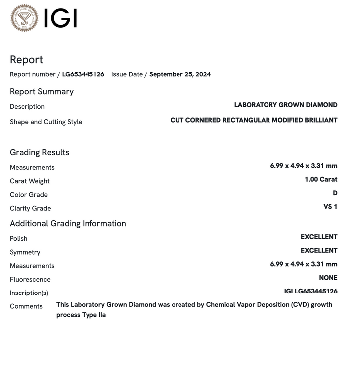 1.0 Carat Radiant Lab Grown Diamond (IGI)