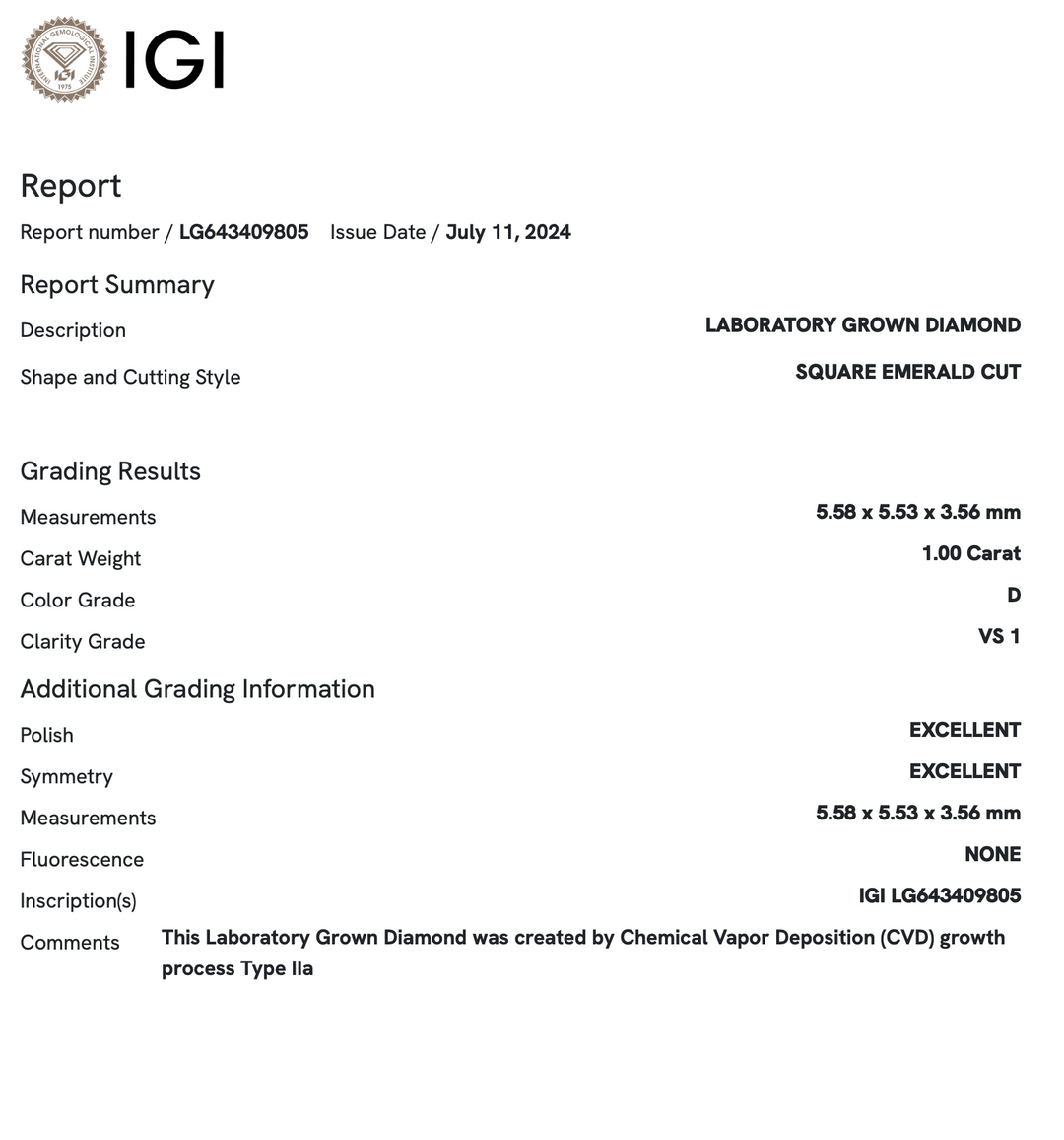 1.0 Carat Asscher Lab Grown Diamond (IGI)