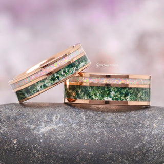 Moss Agate & Fire Opal Couples Ring Set