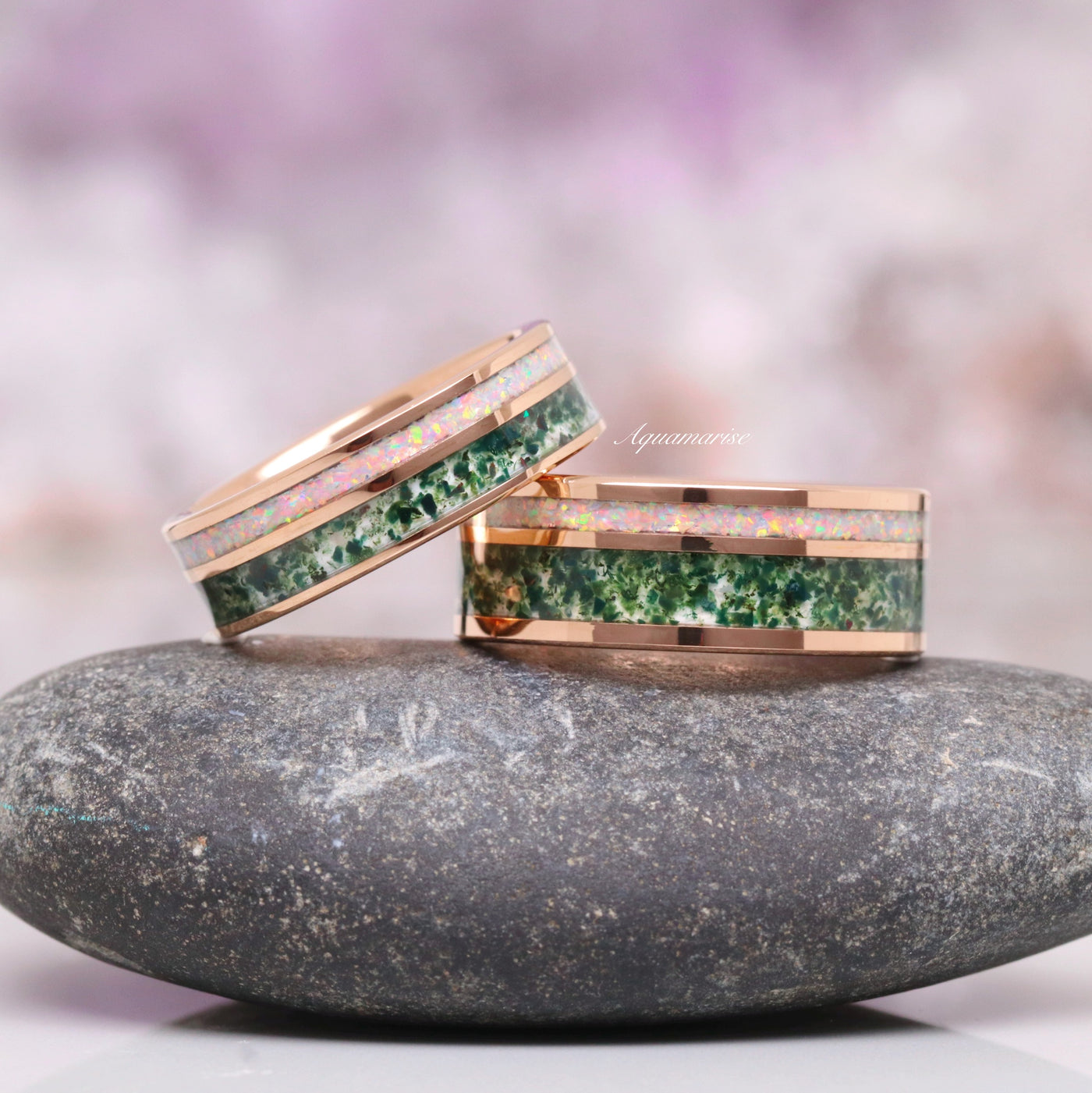 Green Moss Agate & Australian Opal Couples Ring Set- His and Hers Wedding Band