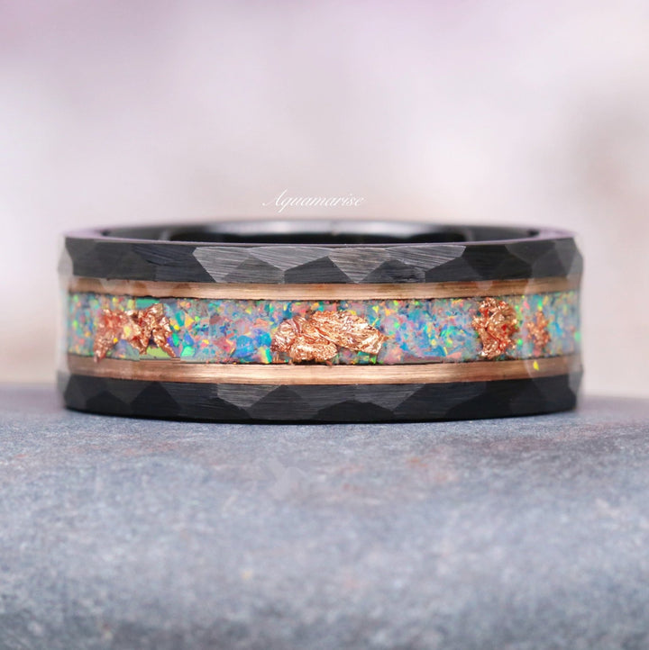 Light Blue Fire Opal & Rose Gold Leaf Wedding Band- 8MM Black Tungsten