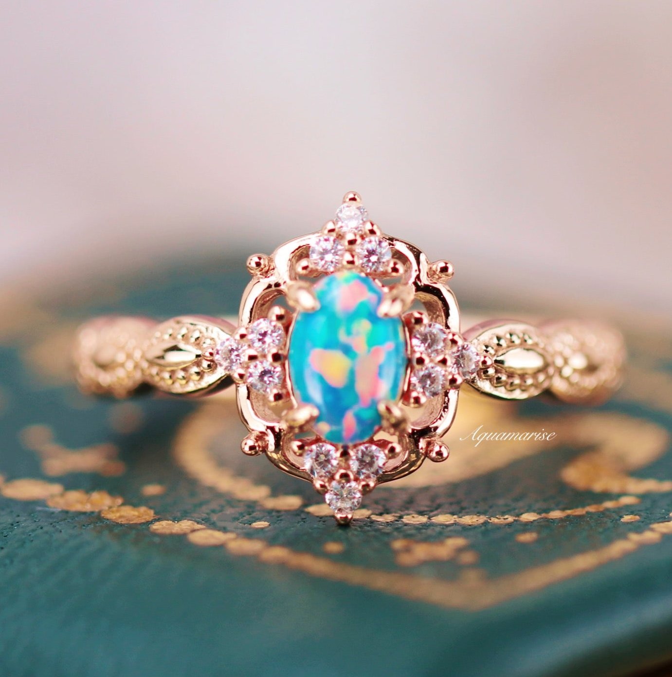 Vintage Blue Fire Opal Ring- 14K Rose Gold Vermeil – Aquamarise