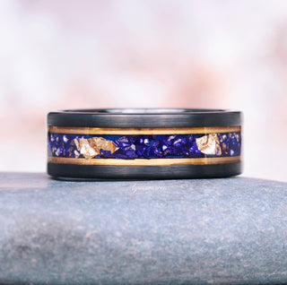 Blue Sapphire & Gold Leaf Wedding Band in Black Tungsten Carbide (8mm)