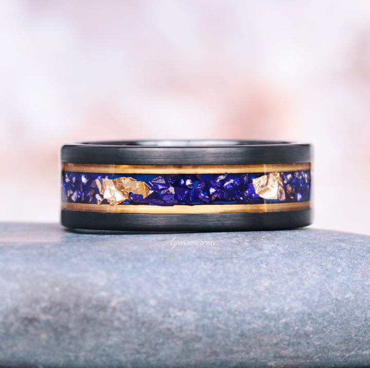 Blue Sapphire & Gold Leaf Wedding Band- 8mm Black Tungsten