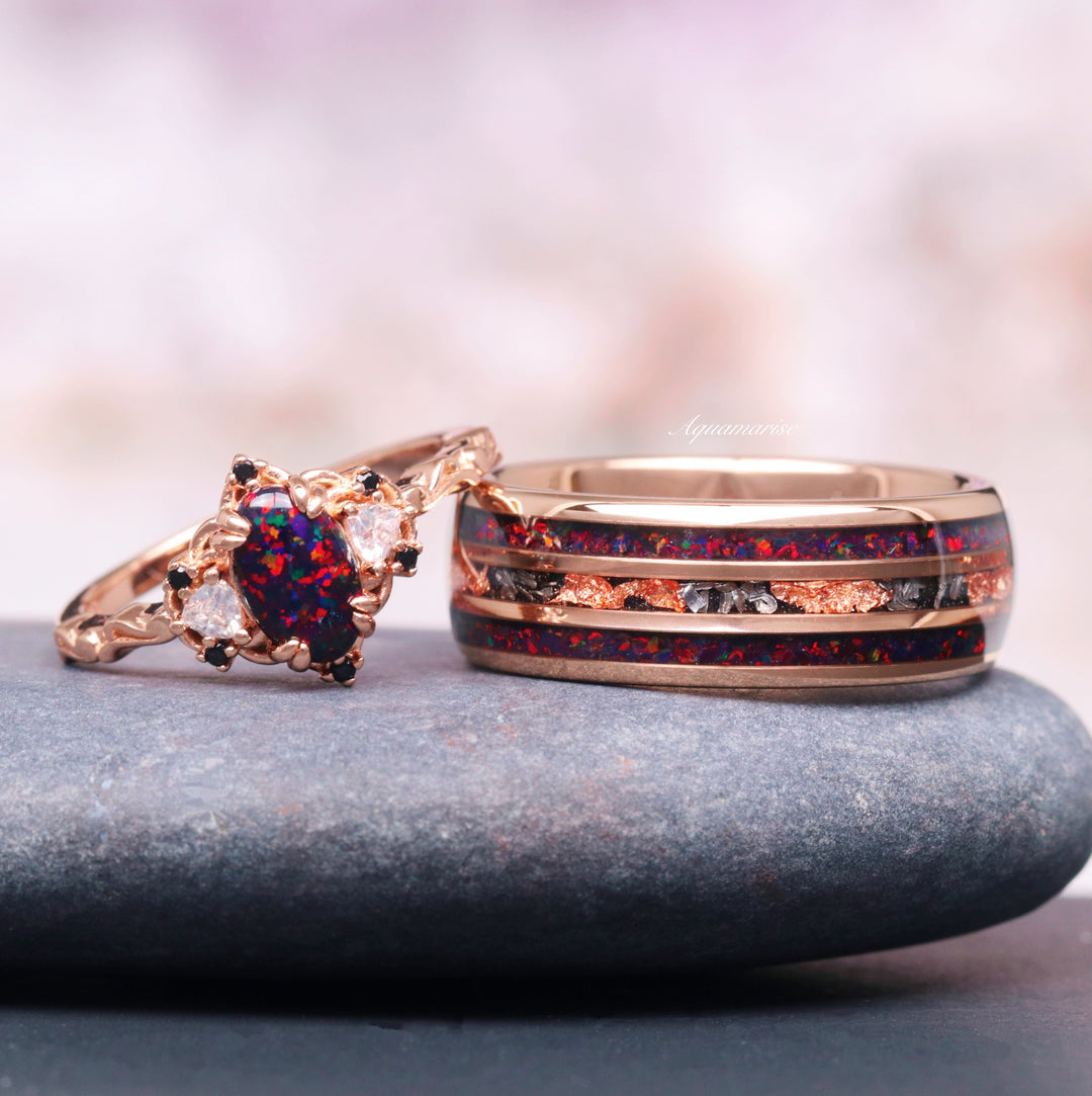 Black Fire Opal & Meteorite Wedding Band- 8MM Rose Gold Tungsten