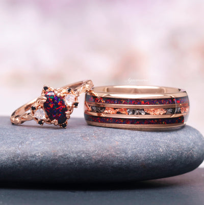 Galaxy Black Fire Opal & Meteorite Men's Wedding Band- Crushed Opal 8mm Rose Gold Tungsten Carbide