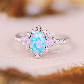 Blue Fire Opal & Opalescent Sapphire Leaf Engagement Ring in Sterling Silver