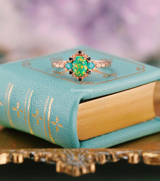 Green Fire Opal Leaf Engagement Ring in 14K Rose Gold Vermeil