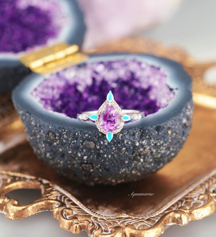 Amethyst & Galaxy Fire Opal Couples Ring