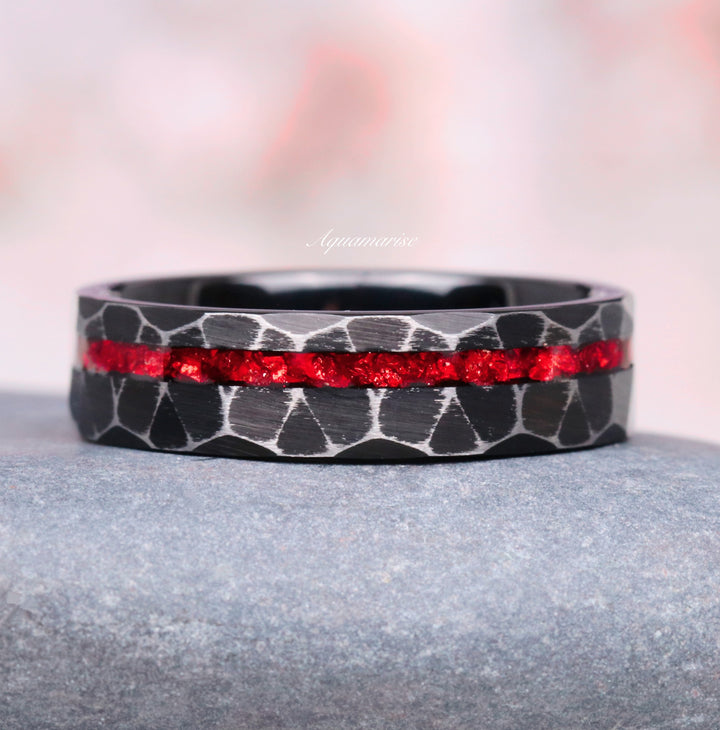 Crushed Red Garnet Dragon Wedding Band- 6mm Black Tungsten