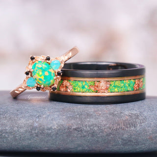 Green Fire Opal Leaf Engagement Ring in 14K Rose Gold Vermeil