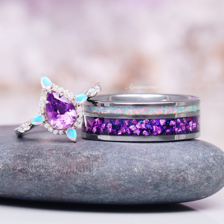 Natural Amethyst & Fire Opal Ring- Sterling Silver