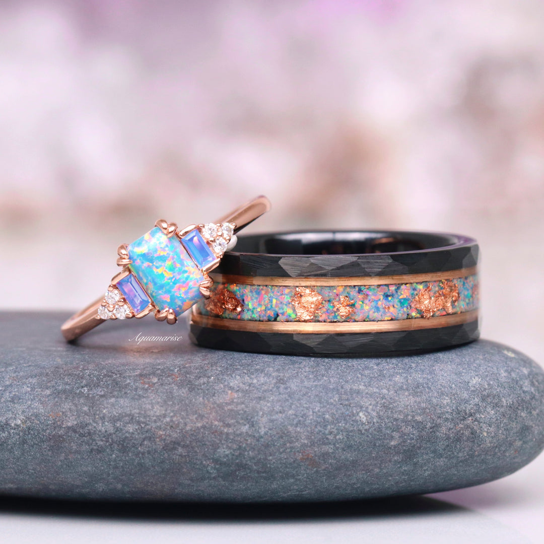 Light Blue Fire Opal & Rose Gold Leaf Wedding Band- 8MM Black Tungsten