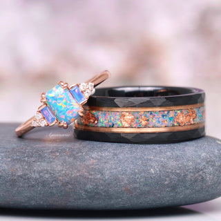 Light Blue Fire Opal & Opalescent Sapphire Couples Ring Set