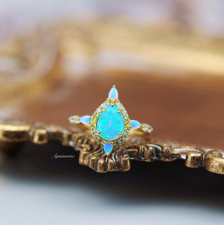 Blue Fire Opal & Crushed Diamond Couples Ring Set