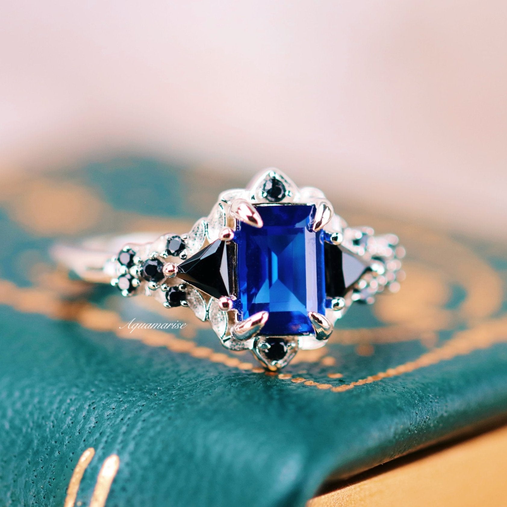 Blue Sapphire Black Onyx Leaf Engagement Ring- 925 Sterling