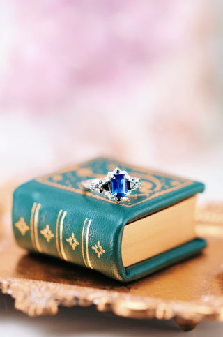 Blue Sapphire & Black Onyx Leaf Engagement Ring- 14K White Gold