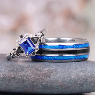 Blue Sapphire & Fire Opal Couples Ring Set